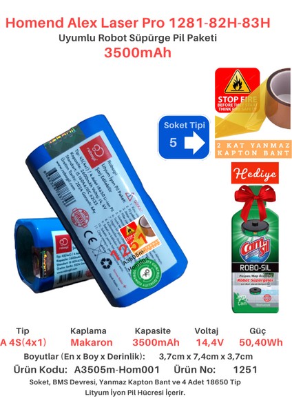 Homend Alex Laser Pro 1281-82H-83H 3500MAH Uyumlu Batarya Robot Süpürge Pili A3505M-HOM001