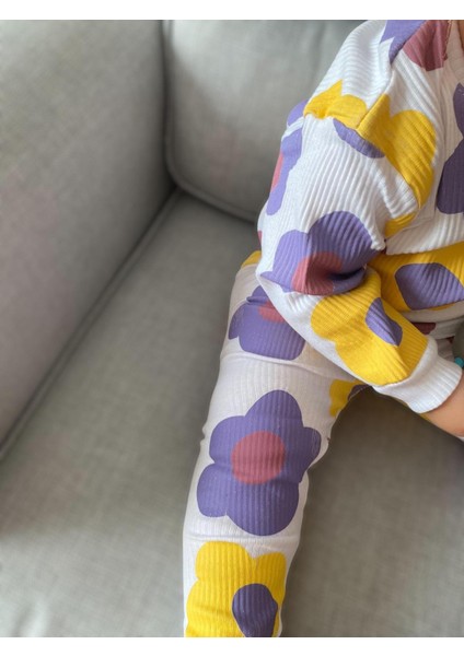 Renkli Çiçek Baskılı Uzun Kollu Kaşkorse Mevsimlik Ikili Takım