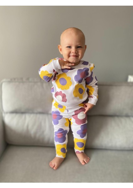 Renkli Çiçek Baskılı Uzun Kollu Kaşkorse Mevsimlik Ikili Takım fiyatları