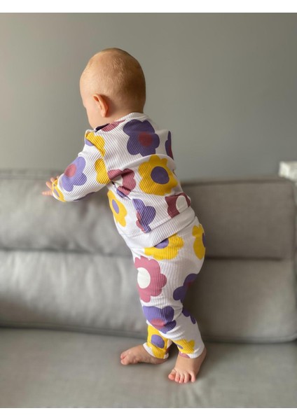 Renkli Çiçek Baskılı Uzun Kollu Kaşkorse Mevsimlik Ikili Takım modelleri