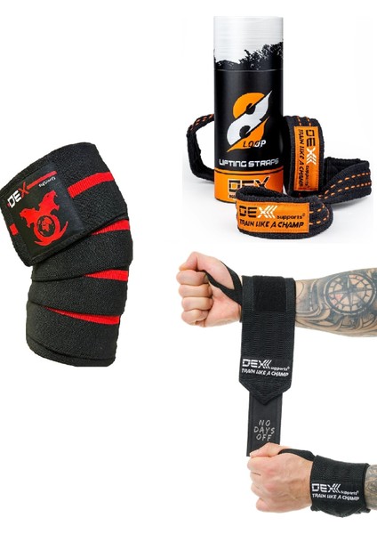 Fitness Sporcu Bilekliği Wrist Wraps Legend + Ağırlık Kaldırma Kayışı 8 Loop Lifting Straps Turuncu + Antrenman Dizliği Knee Wraps Elite 3'lü Paket