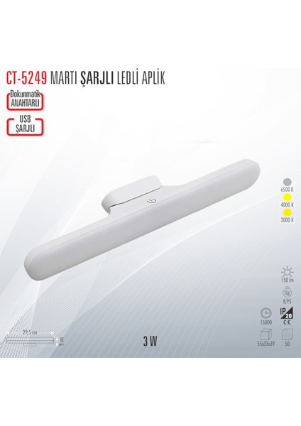 CT-5249 Martı Şarjlı LED Aplik