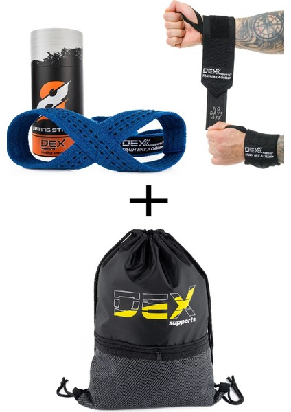 Fitness Sporcu Bilekliği Wrist Wraps Legend + Ağırlık Kaldırma Kayışı 8 Loop Lifting Straps Mavi + Sackpack 3'lü Paket
