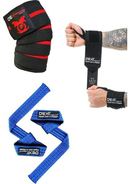 Fitness Sporcu Bilekliği Wrist Wraps Legend + Ağırlık Kaldırma Kayışı Lifting Straps Mavi + Antrenman Dizliği Knee Wraps Elite 3'lü Paket