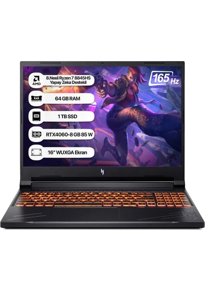 Nitro V16 ANV16-41 Amd R7 8845HS 64GB 1tbssd RTX4060-8GB Dos 16" Wuxga 165Hz Taşınabilir Bilgisayar NH.QRUEY.003-64