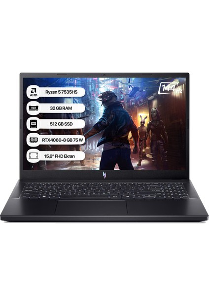 Nitro V15 ANV15 Amd R5 7535HS 32GB 512GB SSD RTX4060-8GB Dos 15.6 Fhd 144Hz Taşınabilir Bilgisayar NH.QSFEY.004-32