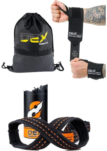 Fitness Sporcu Bilekliği Wrist Wraps Legend + Ağırlık Kaldırma Kayışı 8 Loop Lifting Straps Turuncu + Sackpack 3'lü Paket