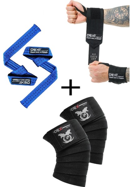 Fitness Sporcu Bilekliği Wrist Wraps Legend + Ağırlık Kaldırma Kayışı Lifting Straps Mavi + Antrenman Dizliği Knee Wraps Legend 3'lü Paket