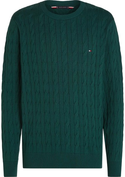 Erkek Classıc Cotton Cable Crew Neck Kazak-Yeşil
