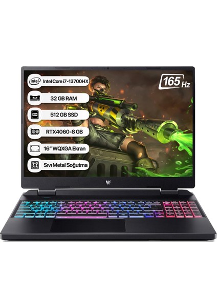 Predator Helios Neo 16 Intel I7 13700HX 32GB 512GB SSD RTX4060-8GB Dos 16" Wqxga 165Hz Taşınabilir Bilgisayar NH.QLUEY.004-32