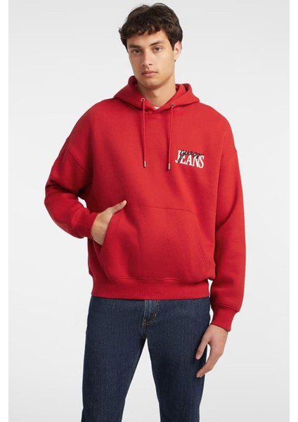 Erkek Gj Zıp Göğüs Logolu Kapüşonlu Sweatshirt - Kırmızı