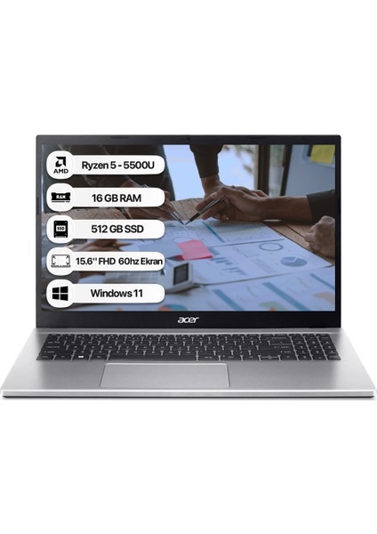 Aspire 3 A315-44P Ryzen 5 5500U 16 GB 512 GB SSD WIN11 Home 15.6" Fhd 60 Hz Taşınabilir Bilgisayar NX.KSJEY.006-16