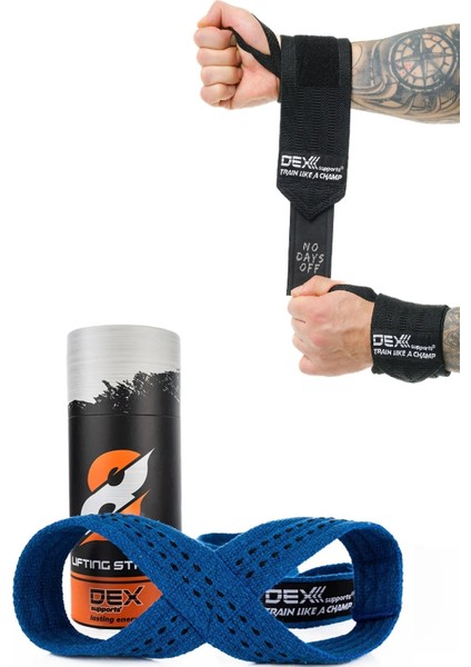 Fitness Sporcu Bilekliği Wrist Wraps Legend + Ağırlık Kaldırma Kayışı 8 Loop Lifting Straps Mavi 2'li Paket
