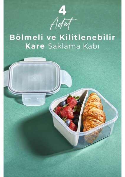 4 Adet 2 Bölmeli 1,4lt Kilitli Sızdırmaz Kapaklı Saklama Kabı - Kahvaltılık - Beslenme Kabı -1400 ml