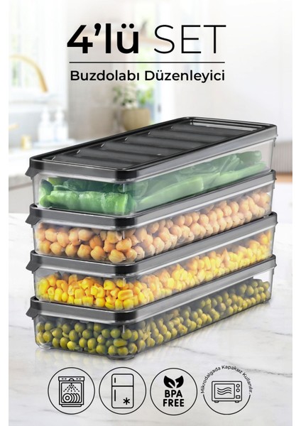 Kitchen Life 4 Lü 1000 ml Buzdolabı ve Mikrodalga Saklama Kabı - Buzdolabı Organizeri Saklama Kutusu