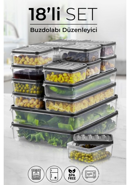 Kitchen Life 18 Li Buzdolabı ve Mikrodalga Saklama Kabı - Buzdolabı Organizeri ( 250ML X12 1000ML X4 2500MLX2 )