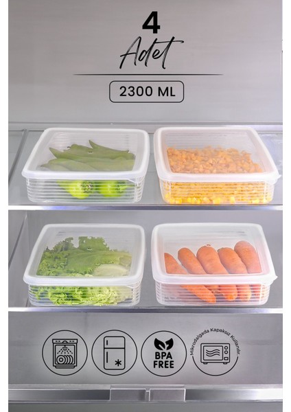 4 Lü 2300 ml Buzdolabı ve Mikrodalga Saklama Kabı - Buzdolabı Organizeri Saklama Kutusu