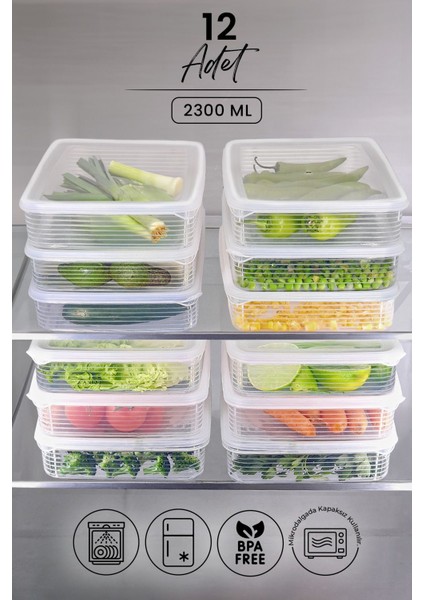 12 Li 2300 ml Buzdolabı ve Mikrodalga Saklama Kabı - Buzdolabı Organizeri Saklama Kutusu