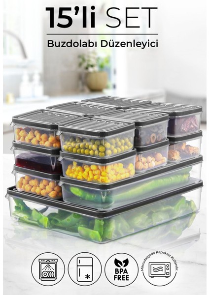 Kitchen Life 15 Li Buzdolabı ve Mikrodalga Saklama Kabı - Buzdolabı Organizeri ( 250ML X12 1000ML X2 2500ML X1)