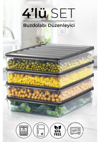 Kitchen Life 4 Lü 2500 ml Buzdolabı ve Mikrodalga Saklama Kabı - Buzdolabı Organizeri Saklama Kutusu