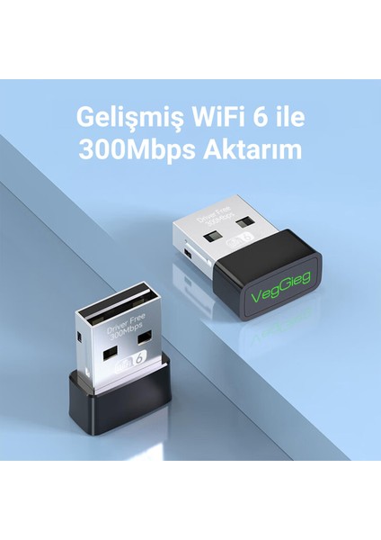 300 Mbps Wifi 6 Çift Bant Kablosuz Alıcı Verici Nano USB Adaptör