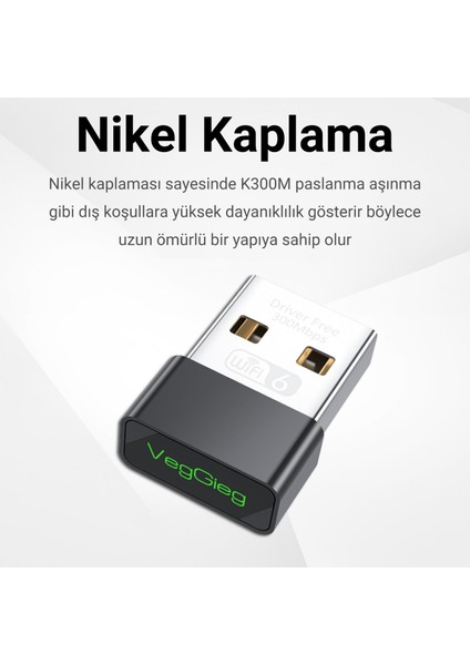 300 Mbps Wifi 6 Çift Bant Kablosuz Alıcı Verici Nano USB Adaptör