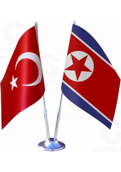 Kuzey Kore ve Türkiye Ikili Masa Bayrağı Seti