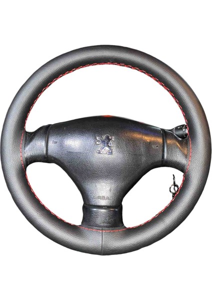 Dikişli Deri Direksiyon Kılıfı Damarlı Siyah Deri Kırmızı Dikişli Peugeot 206 Için