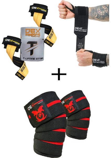 Fitness Sporcu Bilekliği Wrist Wraps Legend + Ağırlık Kaldırma Kayışı T-Grips Lifting Straps + Antrenman Dizliği Knee Wraps Elite 3'lü Paket