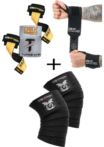 Fitness Sporcu Bilekliği Wrist Wraps Legend + Ağırlık Kaldırma Kayışı T-Grips Lifting Straps + Antrenman Dizliği Knee Wraps Legend 3'lü Paket