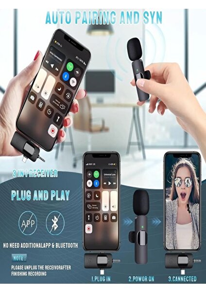 2'li Yaka Mikrofonu Type-c iPhone Jak Giriş Telefon Uyumlu 20m Wirelees Yayın Youtuber Tiktok Skype