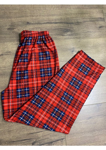 Kırmızı Ekoseli Süet Kadın Pijama Tek Alt, Ev Giyim