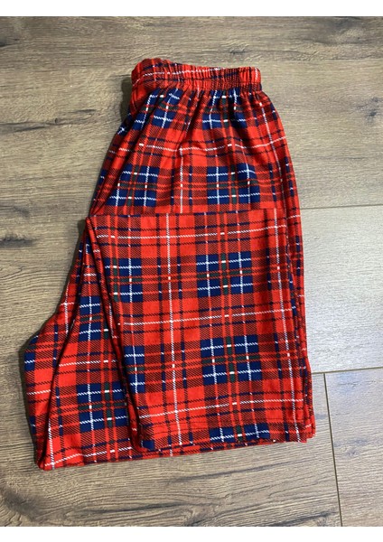 Kırmızı Ekoseli Süet Kadın Pijama Tek Alt, Ev Giyim