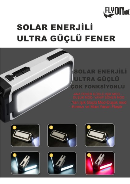 Solar Güneş Enerjili Ultra Şarjlı Güçlü El Feneri Hızlı Dolum Powerbank Özellikli Ortam Aydınlatmalı