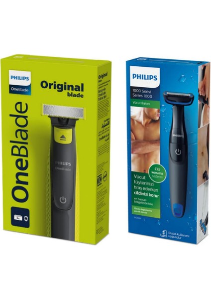 QP2724/10 Oneblade Yüz Şekillendirici - BG1024 Banyo Vücut Tıraş Makinesi Islak/kuru 2li Avantaj Set