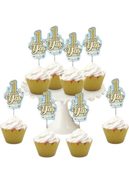 Parti Aşkı Mavi Renk 1 Yaş Konseptli 8 Adet Pasta  & Erkek Bebek Cupcake Kürdan Seti 5*6 cm