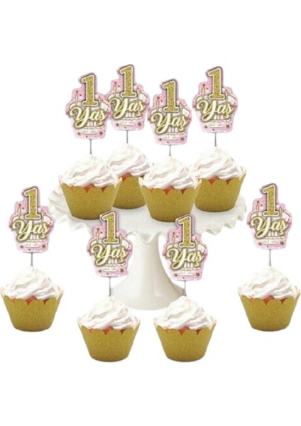 Parti Aşkı Pembe Renk 1 Yaş Konseptli 8 Adet Pasta  & Kız Bebek Cupcake Kürdan Seti 5*6 cm