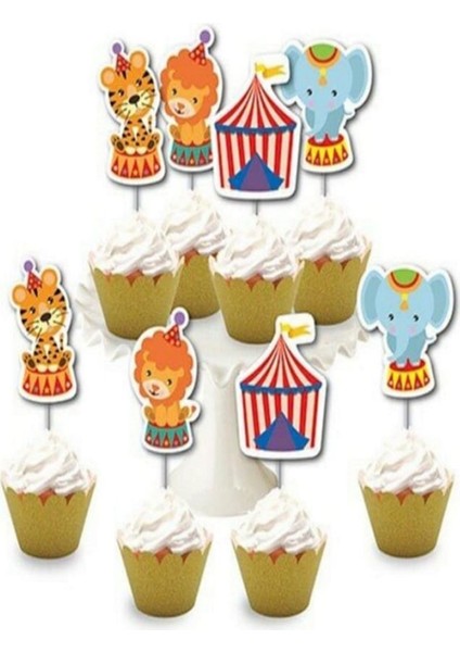 Parti Aşkı Simli Sirk Hayvanları Konseptli 8 Adet Pasta  & Fil&aslan&kaplan Cupcake Kürdan Seti 5*6 cm