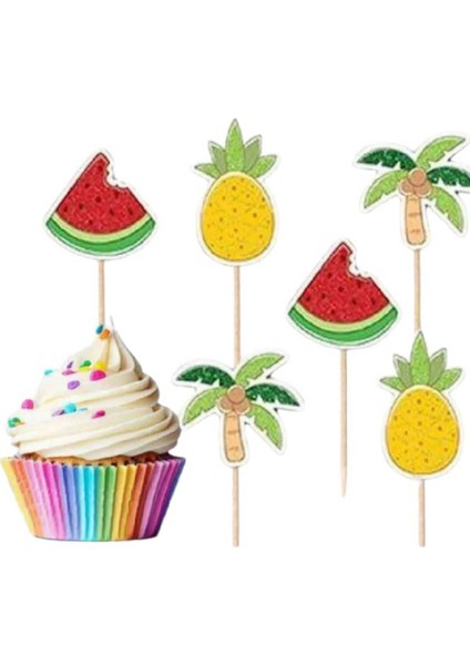 Simli Flamingo & Tropikal Meyve Şekilli 8 Adet Delüx Pasta & Cupcake Kürdan Seti 5*6 cm