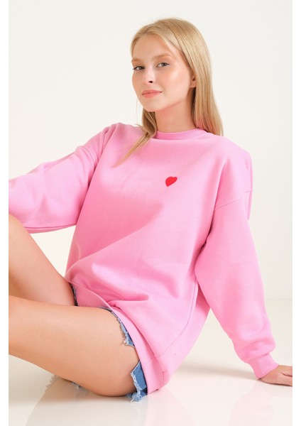 Kadın Kalp Nakışlı 3 Ip Şardonlu Oversize Sweatshirt Pembe