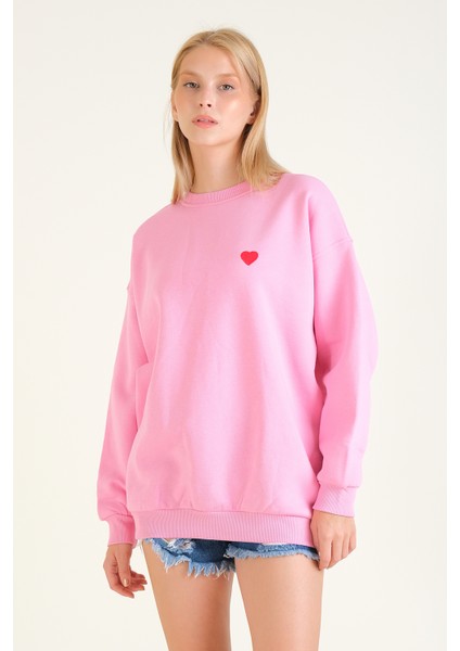 Kadın Kalp Nakışlı 3 Ip Şardonlu Oversize Sweatshirt Pembe