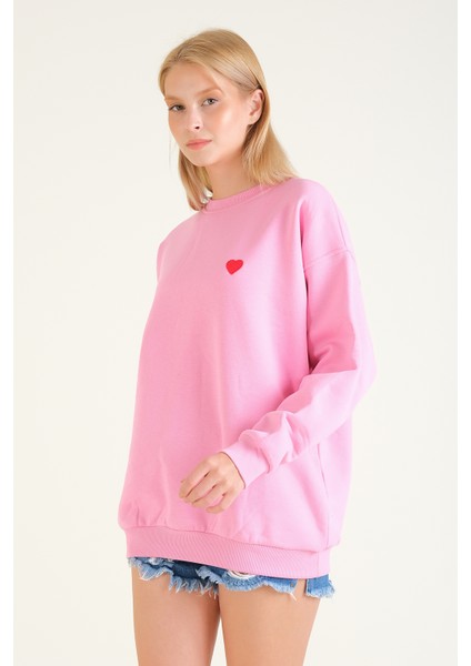 Kadın Kalp Nakışlı 3 Ip Şardonlu Oversize Sweatshirt Pembe