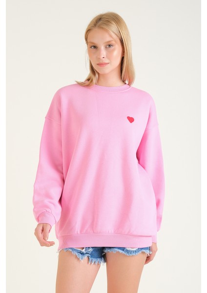 Kadın Kalp Nakışlı 3 Ip Şardonlu Oversize Sweatshirt Pembe