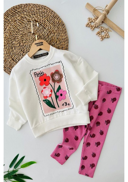 Çiçek Örgü Detaylı Paris Baskılı Taytlı Kız Çocuk 2 li takım - Pembe