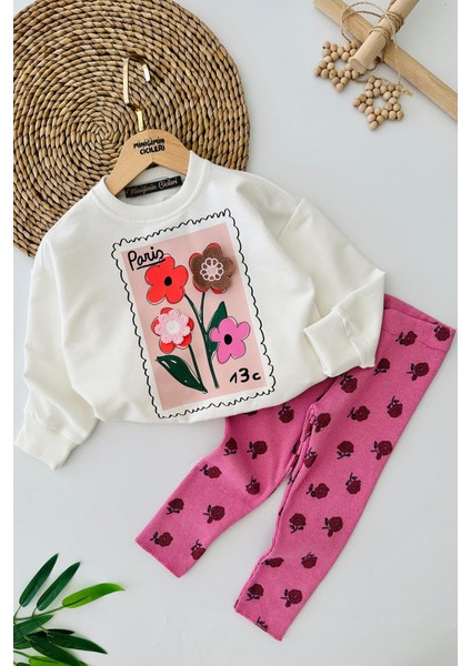 Çiçek Örgü Detaylı Paris Baskılı Taytlı Kız Çocuk 2 li takım - Pembe fiyatları