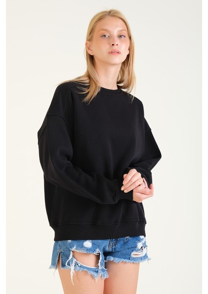 Kadın 3 Ip Şardonlu Sıfır Yaka Oversize Sweatshirt Siyah