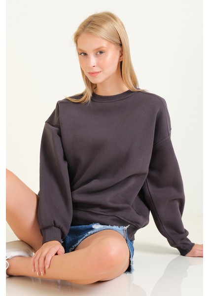 Kadın 3 Ip Şardonlu Sıfır Yaka Oversize Sweatshirt Füme