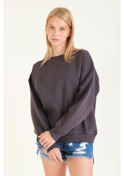 Kadın 3 Ip Şardonlu Sıfır Yaka Oversize Sweatshirt Füme