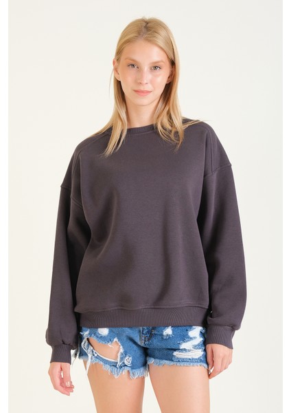 Kadın 3 Ip Şardonlu Sıfır Yaka Oversize Sweatshirt Füme