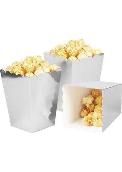 Parti Aşkı Metalik Parlak Gümüş Renk Mısır Kutusu - 8 Adet Popcorn & Cips Kutusu 8*11,5 cm